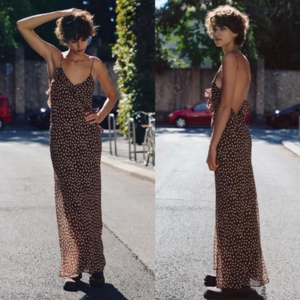 Zara Brown Backless Dress with White Polka Dots